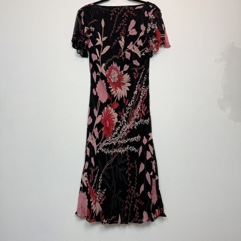 Vintage Eva Blue floral midi dress mesh beded ruffle sleeves size 10